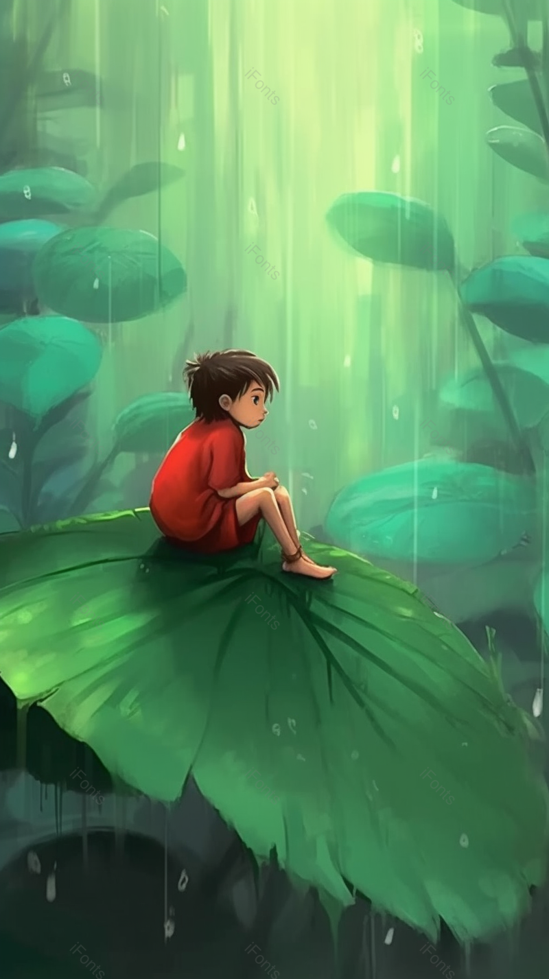 红衣小女孩坐在巨大的树叶上观望着风景创意儿童插画设计背景,插画/手绘图,插画/手绘图库,插画/手绘图下载,插画/手绘